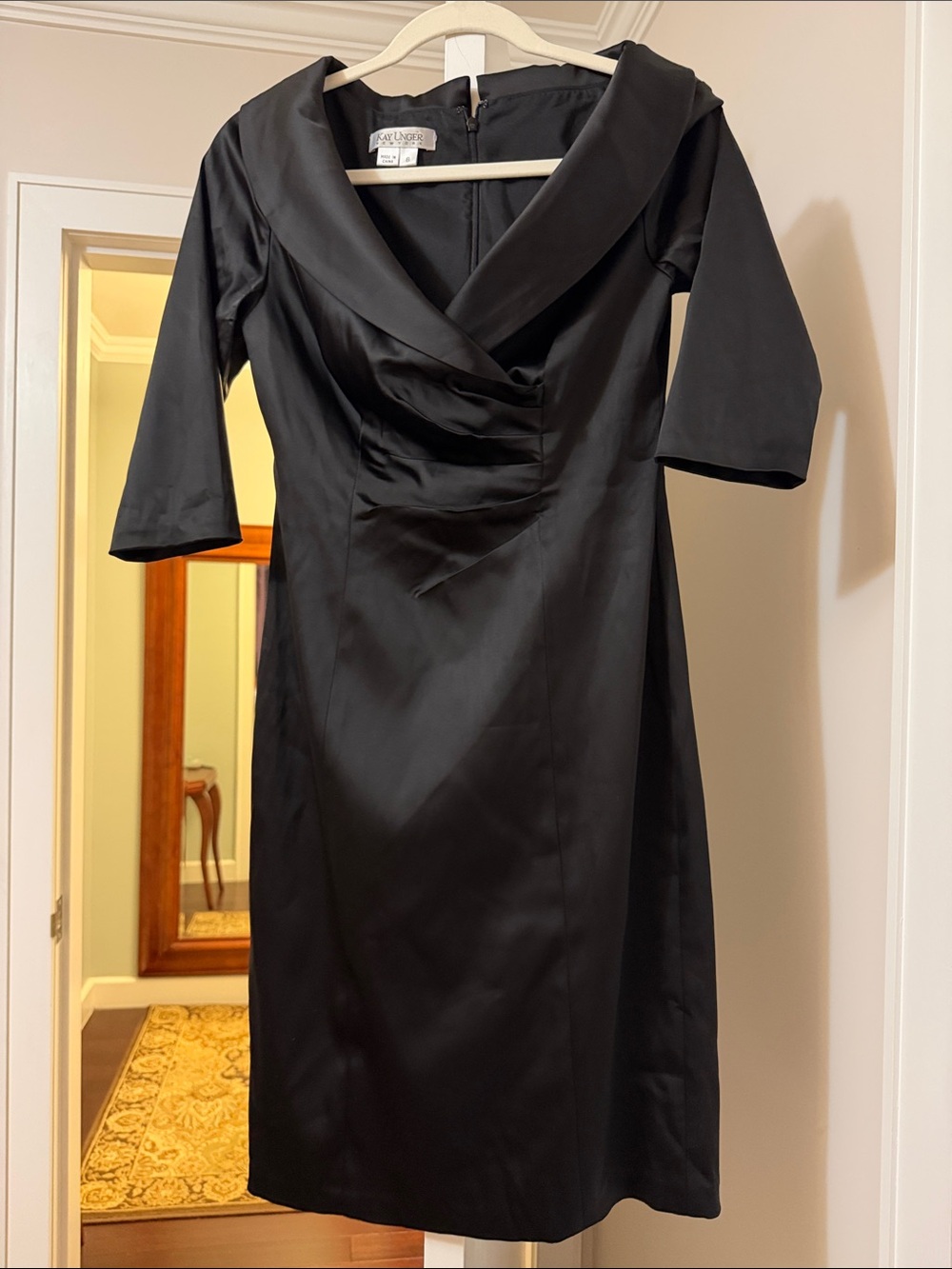 Kay Unger Black Satin Cowl-Neck Midi 3/4 sleeve Dress size 6